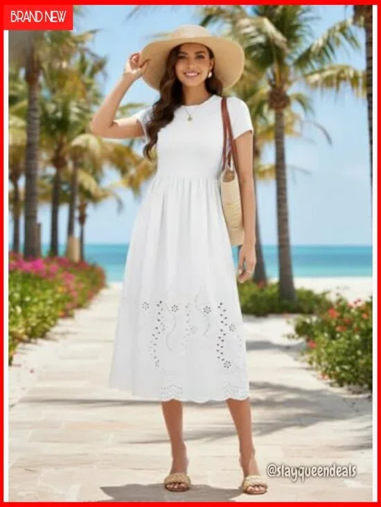 Casual Short Sleeve A Line Eyelet Cotton Maxi Dress with Pockets